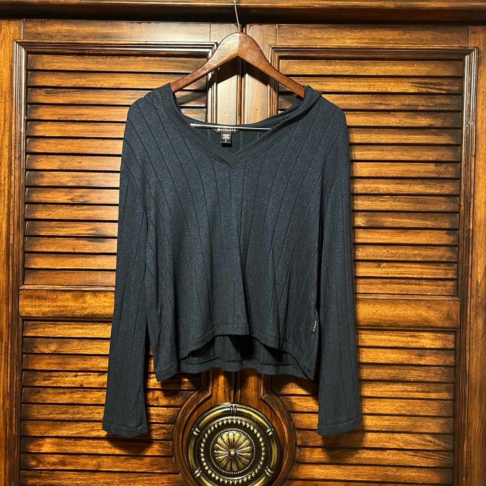 Athleta‎ Harmony Hoodie Cropped Wide Ribbed Blue Sweatshirt Women’s Size SP